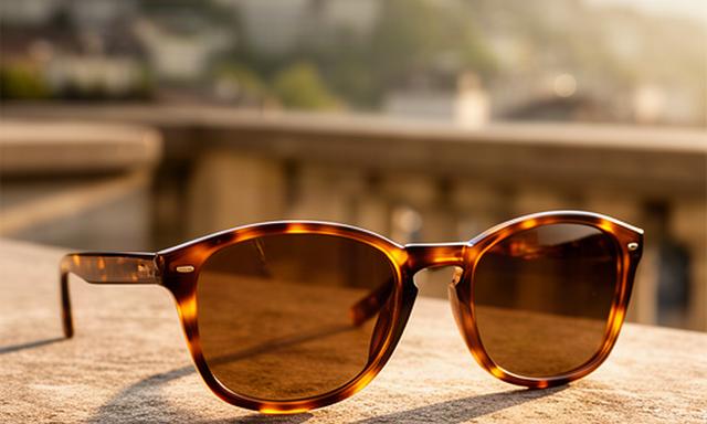 Sonnenbrille mit havannafarbenem Gestell auf einer Steinterrasse in Lausanne