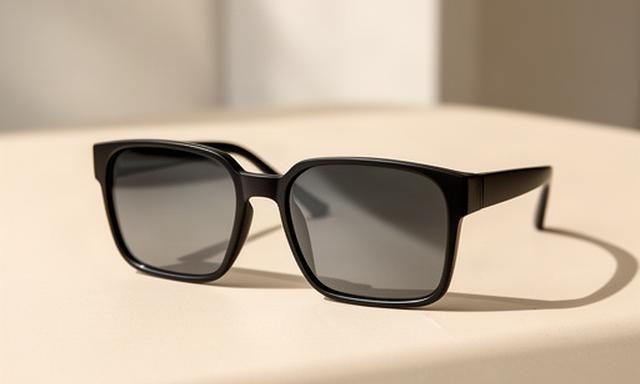 Schwarze Sonnenbrille mit eckigem Gestell auf einem hellen Tisch