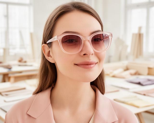 Frau mit heller Sonnenbrille und roséfarbenem Rahmen in einem hellen Atelier