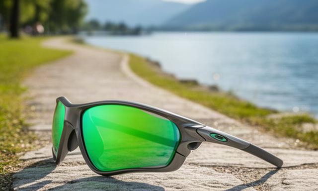 Sportsonnenbrille mit grünem Glas auf einem Weg am Genfersee